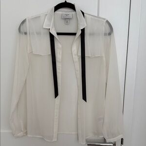 Sheer Ivory Tie-Neck Blouse with Black Ribbon